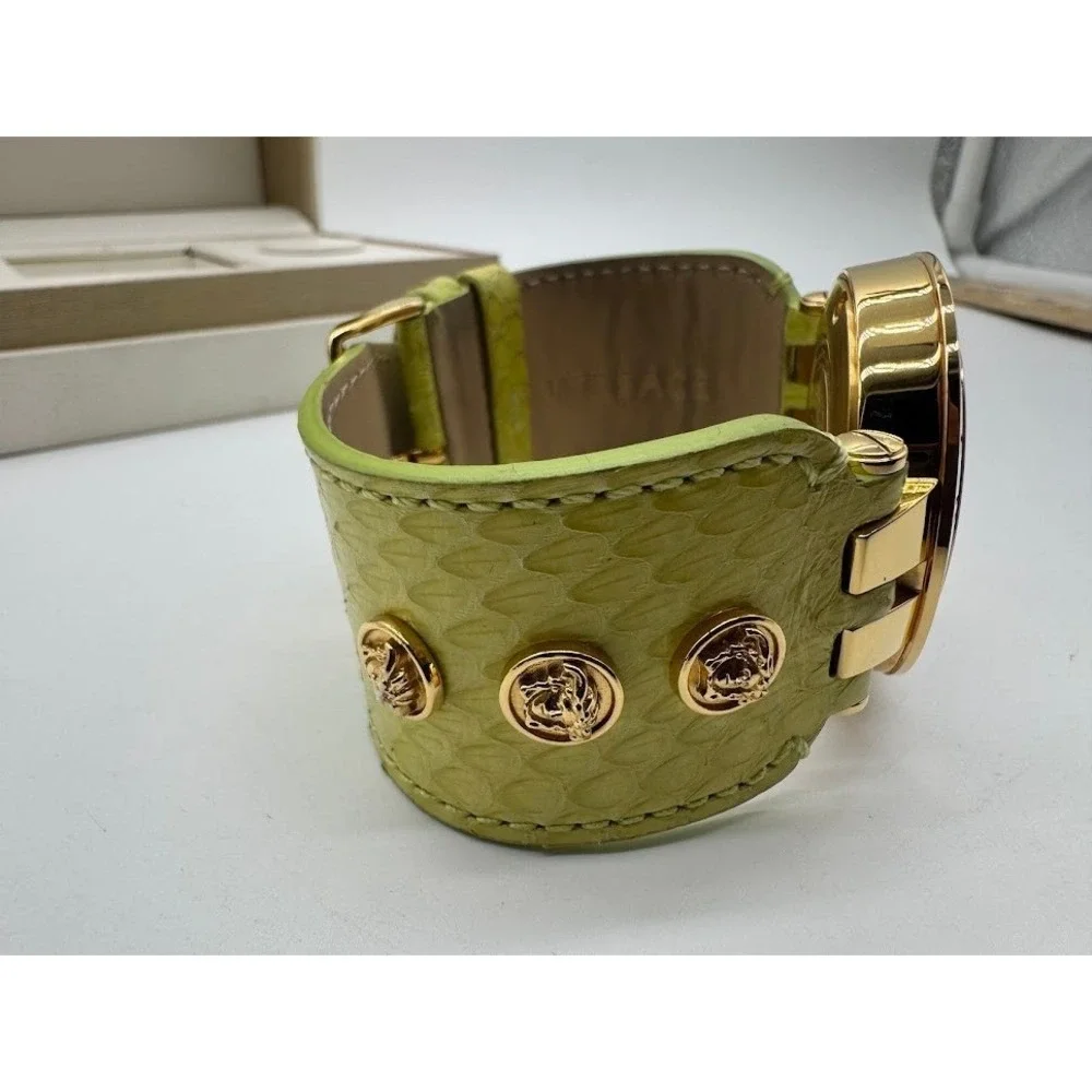 Versace GMT & Alarm Gold Tone Watch Lime Green Leather Strap Medusa Swiss Made